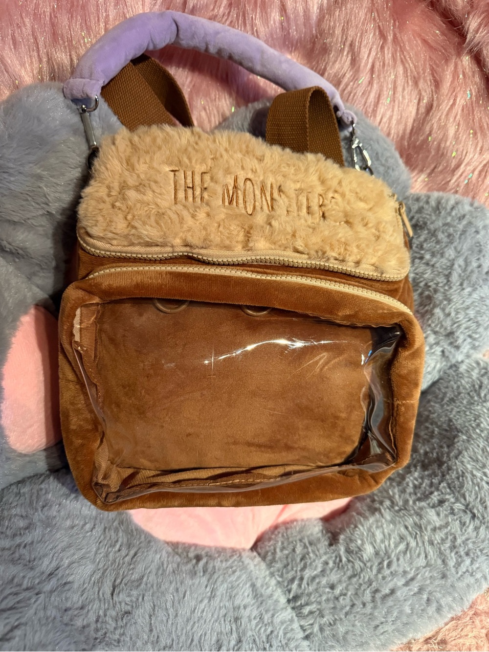 THE MONSTERS Plush Brown Velvet Mini Backpack with Clear Front Pocket
